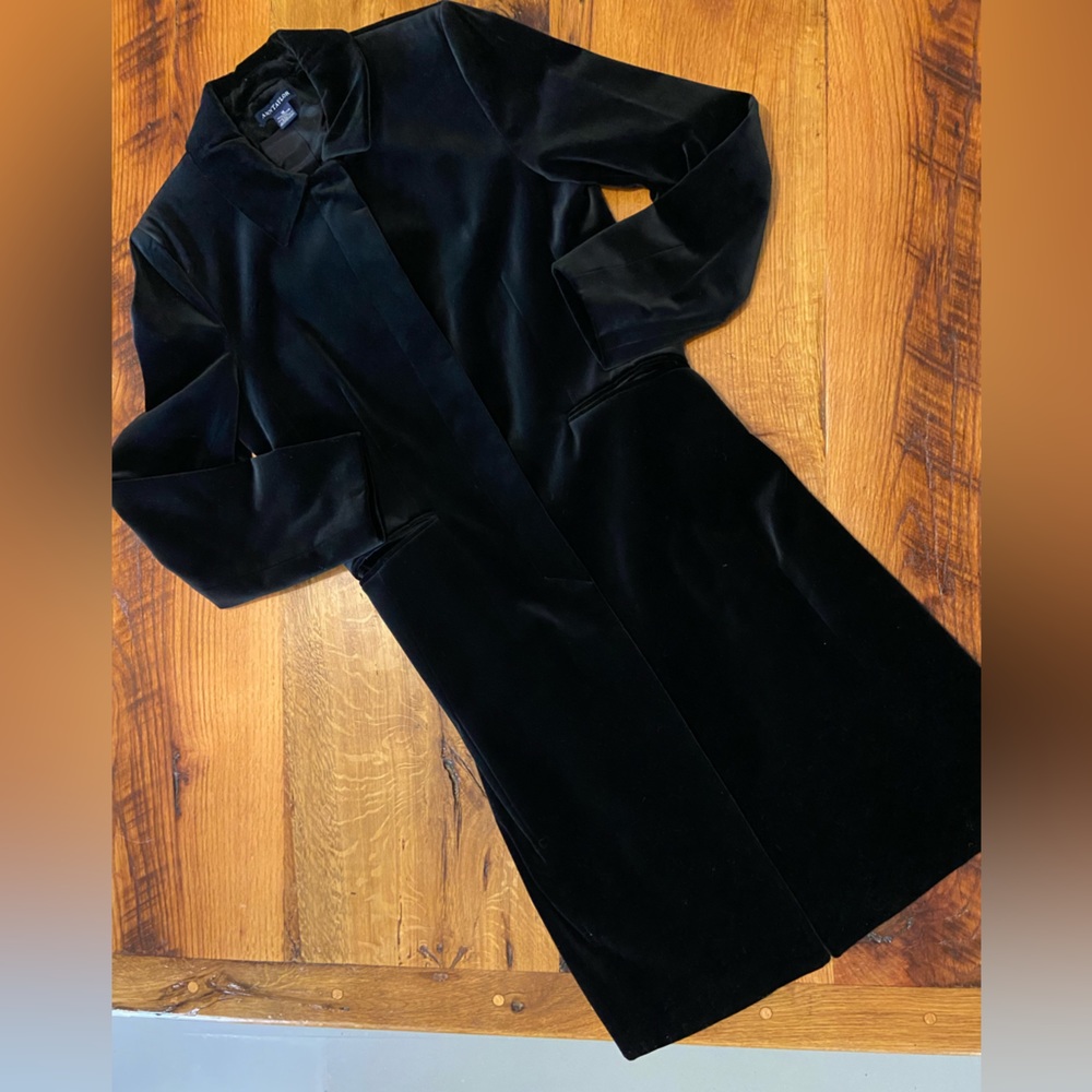 Ann Taylor Classic Black Lined Duster Coat with Pockets and Back Slits, Size 10